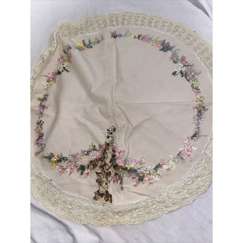 Doilie easter crochet Hand Embroidered Lace Floral Basket 25”Vintage Table